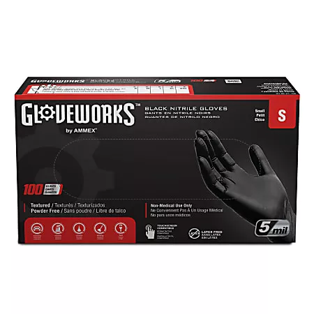 gloveworks-black-nitrile-industrial-powder-free-disposable-gloves-small-black-bo Gloveworks Black Nitrile Industrial Powder Free Disposable Gloves Small Black Box of 100 Gloves - Office Depot
